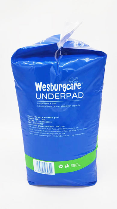 disposable personal care 60*90 underpad from Wesburgcare brand strong absorb core from USA wood pulp
